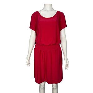 White House Black Market Drop Waist Blouson Dress Large Red Pockets Short Sleeve